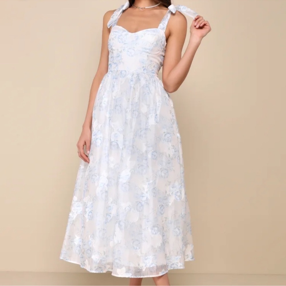 Lulus white floral tie strap midi dress nwot
